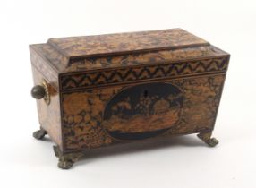 A fine pen work tea caddy, possibly relating to the Tunbridge trade, of sarcophagol form, the