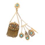 An elaborate gilt metal and glass set chatelaine incorporating a purse, the hinged hook with