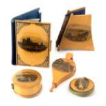 Mauchline ware - sewing, five pieces, comprising a needle book (Whitby Abbey, Yorkshire / fancy