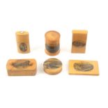 Mauchline ware - six pieces, comprising a rectangular draw form stamp box (Prideaux Place, Padstow),