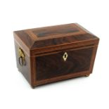 An inlaid rosewood tea caddy of sarcophagol form, circa 1820, the lid and front with kingwood