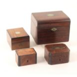 A tea caddy and three small boxes, the dome top rosewood tea caddy with white metal escutcheon and