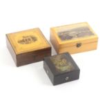 Mauchline ware - sewing, three pieces, comprising a square form reel box (Sir Walter Scott's Tomb,