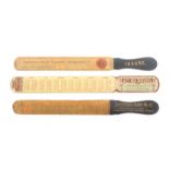 Mauchline ware - three advertising paper knives / page turners, comprising (Cie Du Soleil / calendar