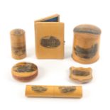 Mauchline ware - sewing, six pieces, comprising a cylinder needle case (Singer's Sewing Machines /