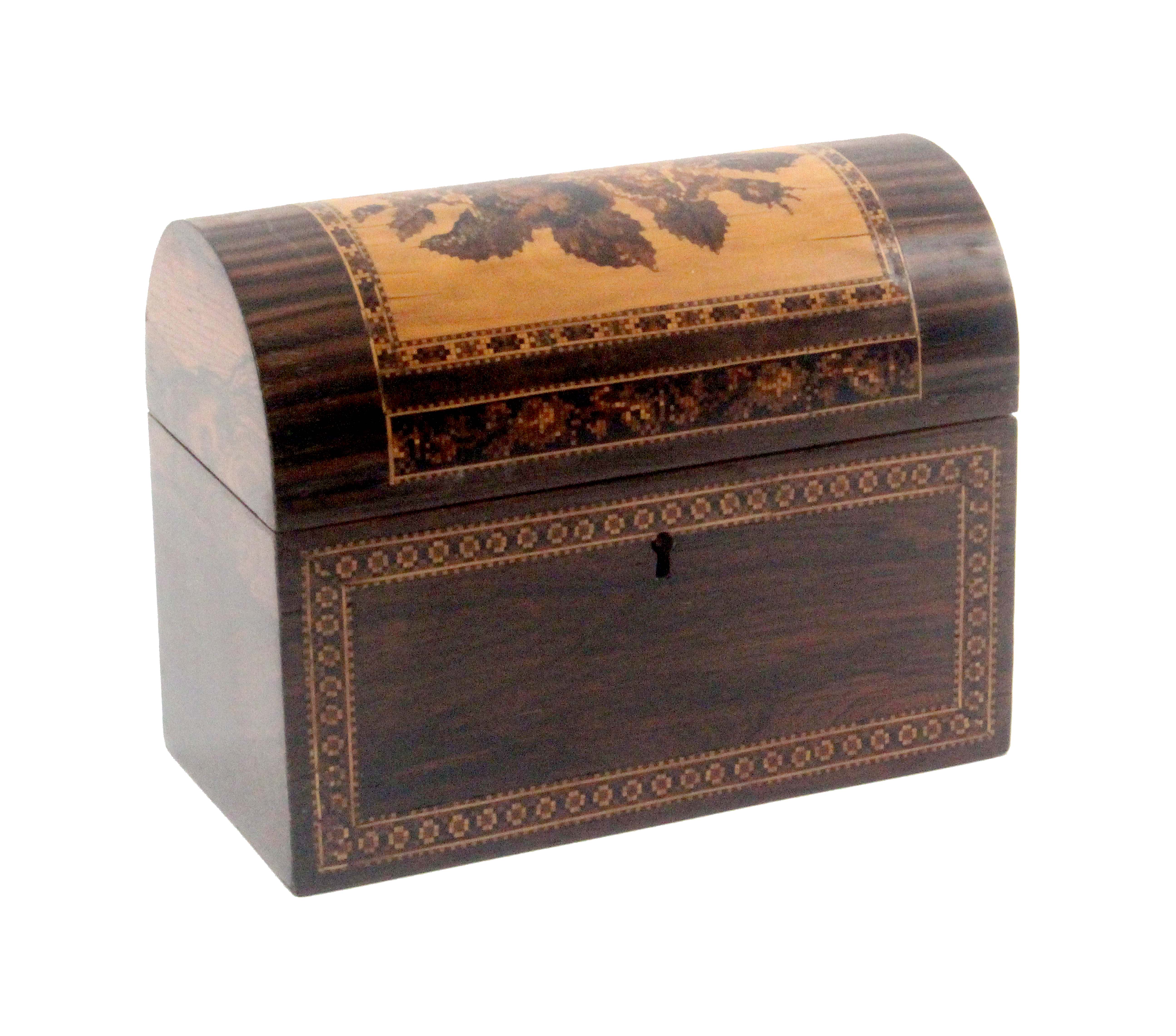 A Tunbridge ware rosewood stationery box, the exaggerated domed lid with an inset panel of floral