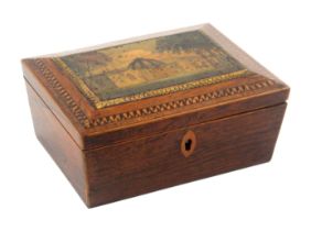 An early Tunbridge ware print decorated and inlaid rosewood small sewing box of sarcophagol form,