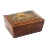 An early Tunbridge ware print decorated and inlaid rosewood small sewing box of sarcophagol form,
