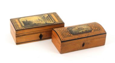 Two small early Tunbridge ware print and pen work decorated white wood boxes, each of rectangular