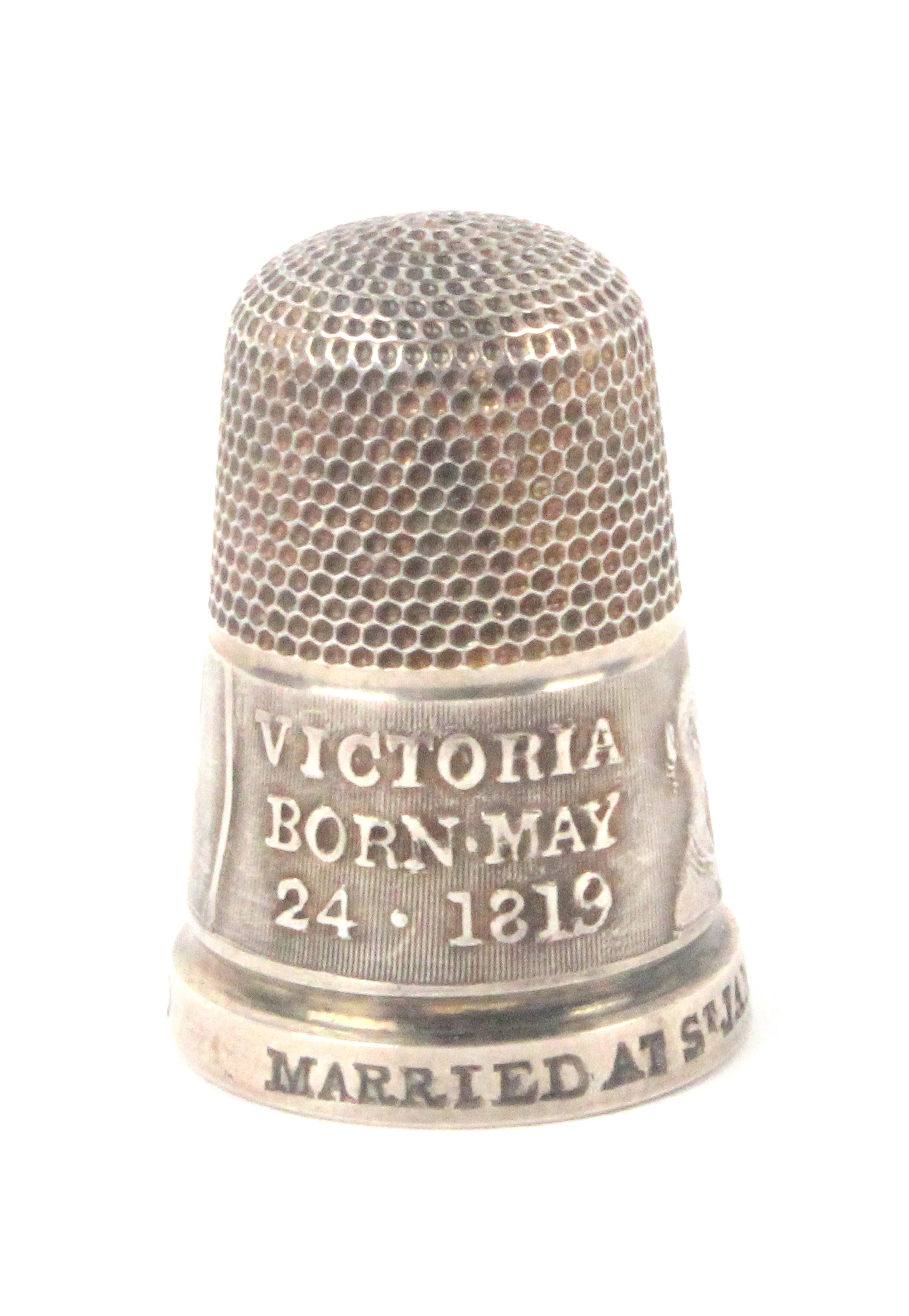 A rare silver commemorative thimble commemorating the wedding of Queen Victoria, the ribbed vertical