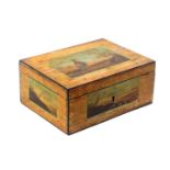An unusual small Spa work netting box, circa 1800, of rectangular form painted to simulate pine with