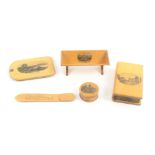 Mauchline ware - five pieces, comprising a rare bookmark knife (W. and A. Smith Manufacturers of