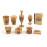 Mauchline ware - nine pieces, comprising a narrow flared neck vase (Albert Memorial, Edinburgh),