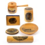 Mauchline ware - sewing, six pieces, comprising a cylinder form reel box (Entrance To Harbour,