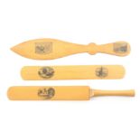 Mauchline ware - three paper knives / page turners, comprising a scarce example in the form of a