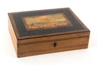 An early Tunbridge ware print and paint decorated rectangular white wood sewing box, the sides