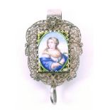 An attractive continental silver filigree and enamel chatelaine mount, the hook to a shield form