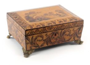 A pen work sewing box, possibly relating to the Tunbridge trade, of sarcophagol form, the sides
