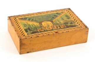 A rare early Tunbridge ware white wood print and paint decorated rectangular box, plain sides, the