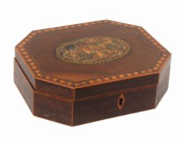An early Tunbridge ware print decorated and inlaid mahogany box of octagonal form, probably by