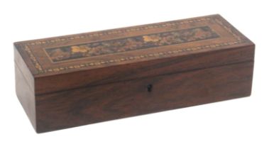 A Tunbridge ware rosewood rectangular box labelled for Thomas Barton, the lid with a panel of floral