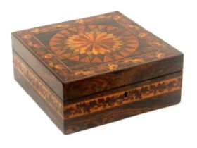 An unusual Tunbridge ware coromandel wood box of square form, probably Thomas Barton, the sides with