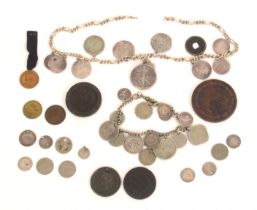 Coins, comprising a silver wrist chain mounted with mostly silver coins, a silver watch chain