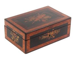 A mid 19th Century French rectangular box, the front inlaid with musical trophies, the lid with