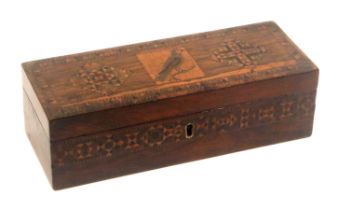 A Tunbridge ware rosewood box, of rectangular form, the sides with a band of stick ware, the lid