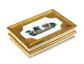 A French bonbonniere, the hinged lid with a reverse decorated glass panel depicting three soldiers