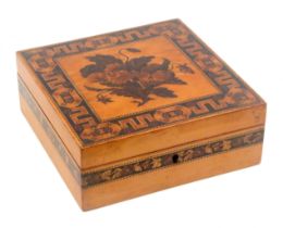 A Tunbridge ware satinwood box, of rectangular form, the sides with a narrow band of mosaic, the lid