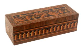 An unusual Tunbridge ware box labelled for Edmund Nye, of rectangular form in stained ash with cross