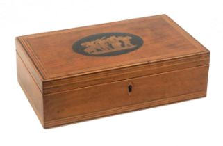 An early Tunbridge ware print decorated and inlaid mahogany card box, of rectangular form,
