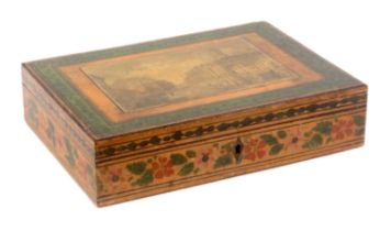 An early Tunbridge ware print and paint decorated whitewood box of shallow rectangular form, the