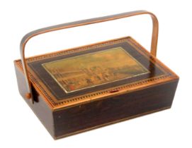An attractive early Tunbridge ware simulated rosewood paint and print decorated sewing pannier, of