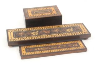 A Tunbridge ware whist box and two cribbage boards, the rosewood rectangular box with marker