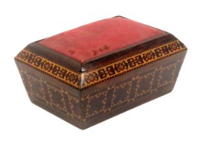 An unusual rosewood pin cushion labelled 'From Nye's ….', of sarcophagol form, the sides in stick