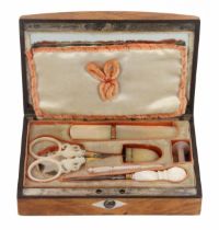 A Palais Royal small format pale burr elm sewing box, circa 1840, of rectangular form, the curved