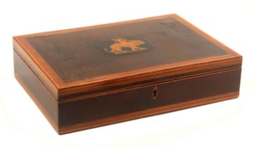 An early Tunbridge ware fiddle mahogany, inlaid and print decorated rectangular card box, the