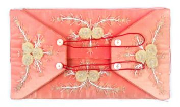 A fine silk netting case, circa 1840, rectangular, in pink silk and of envelope form, decorated in