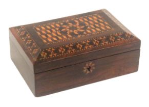 A Tunbridge ware rosewood sewing box of small format, and rectangular form, the front with