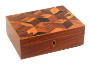 A Tunbridge ware rosewood box, of rectangular form with boxwood diamond escutcheon, the hinged lid