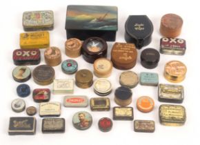 A collection of vintage advertising tins and boxes, sundry stud boxes with studs and links and a