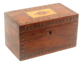 A Tunbridge ware rosewood tea caddy, of rectangular form, the front with stick ware border and