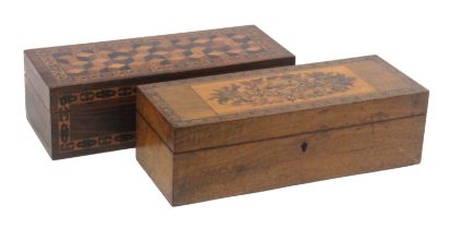 Two Tunbridge ware rectangular boxes, comprising a rosewood example, the front with geometric mosaic