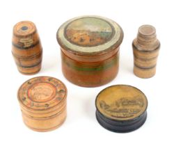 Five various early Tunbridge and related boxes and containers, comprising a whitewood cylinder box