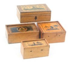 Four small early Tunbridge ware whitewood boxes, comprising a rectangular example, the lid painted