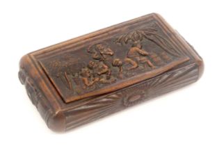A late 18th/early 19th Century carved colonial hardwood snuff box, rectangular, the lid carved with