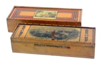 Two early Tunbridge ware whitewood print and paint decorated boxes, one with pin hinge lid with a
