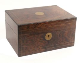 A brass inlaid rosewood sewing box, circa 1870, of rectangular form, the front inlaid with brass